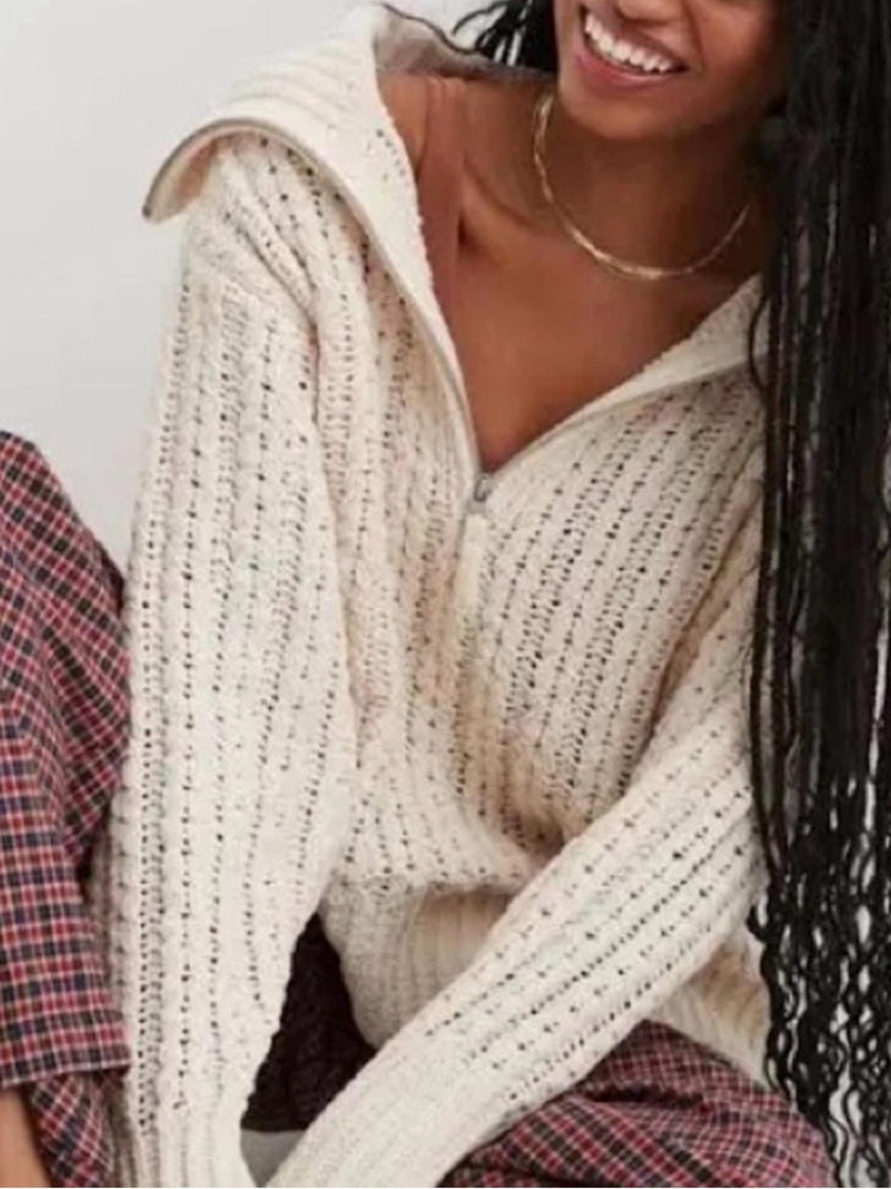Aerie Women's Chunky Cream Oversized Quarter Zip Cable Knit Sweater Size XS